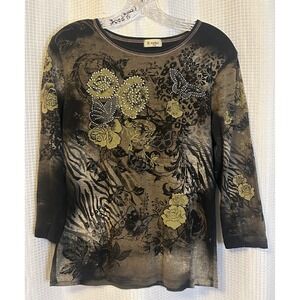 VTG Y2K All Over Print Studded 3/4 Sleeve Womens Blouse Floral Butterflies Sz L